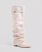 Bottes Hautes Femme - Slouchy en Suédine Talon Compensé - Blanc Cassé