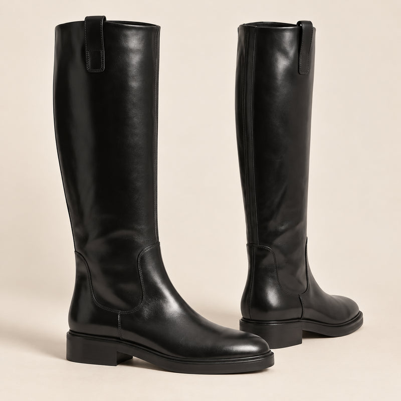 Bottes Cavalières Hautes Femme - Effet Cuir Talon Carré - Noir - bottes seules sur fond beige