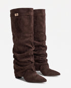 Bottes Hautes Femme - Slouchy en Suédine Talon Compensé - Chocolat