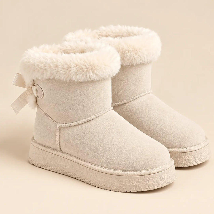 Bottes de Neige Femme - Col Fausse Fourrure et Nœud Satiné Blanc