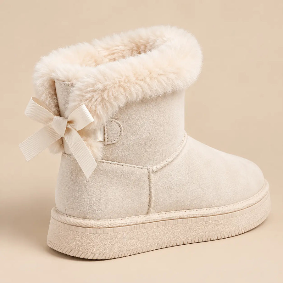 Bottes de Neige Femme - Col Fausse Fourrure et Nœud Satiné Blanc