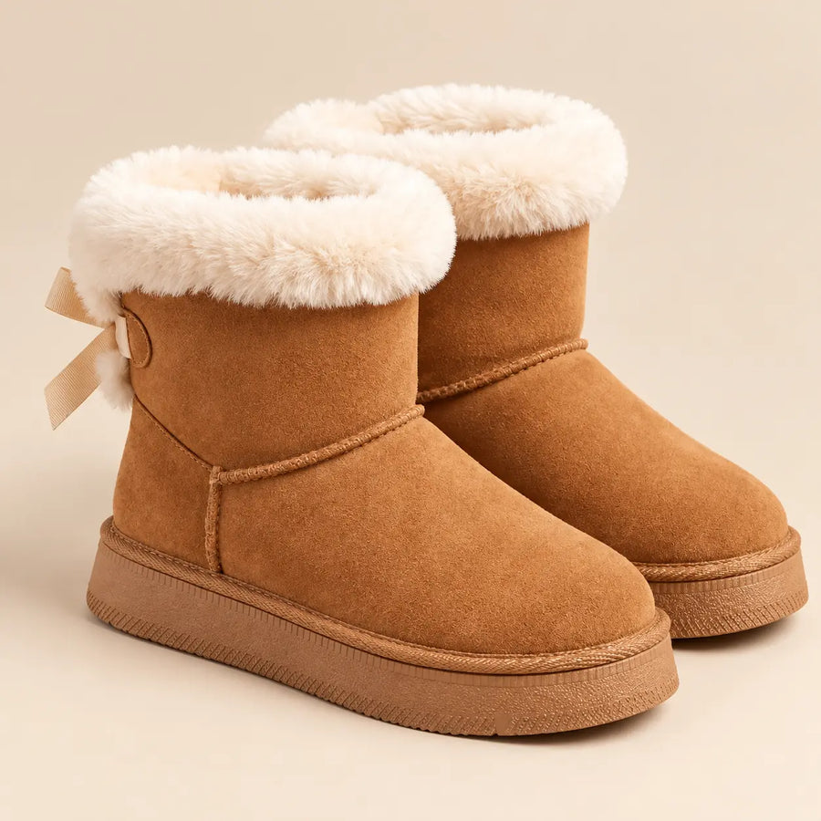 Bottes de Neige Femme - Col Fausse Fourrure et Nœud Satiné Camel