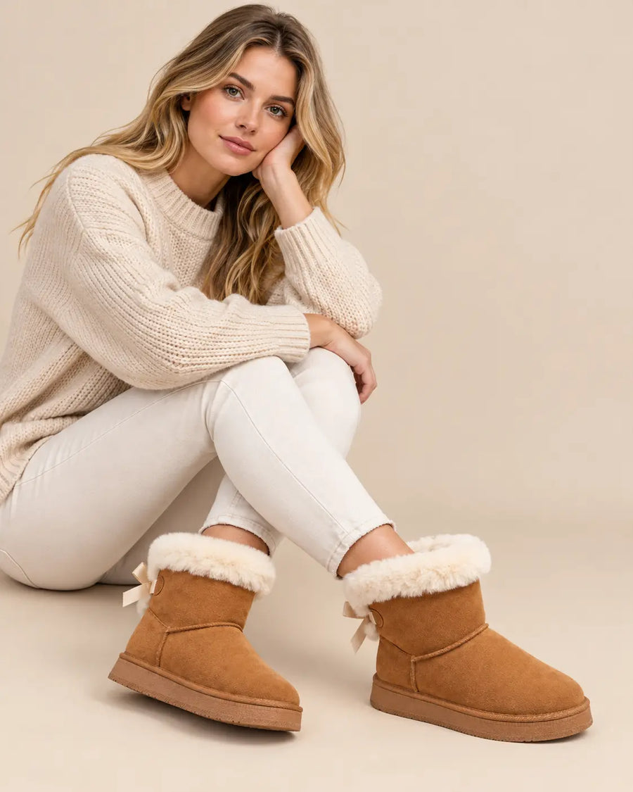Bottes de Neige Femme - Col Fausse Fourrure et Nœud Satiné Camel porté