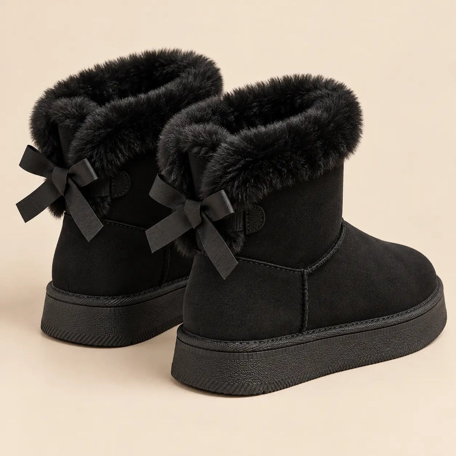 Bottes de Neige Femme - Col Fausse Fourrure et Nœud Satiné Noir