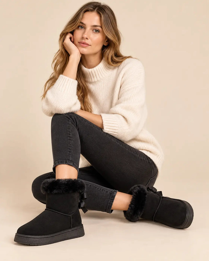 Bottes de Neige Femme - Col Fausse Fourrure et Nœud Satiné Noir porté