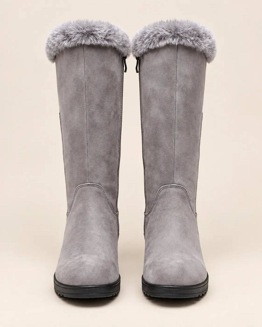 Bottes Fourrées Femme - Suédine Zippées Mi-Mollet Compensé Gris