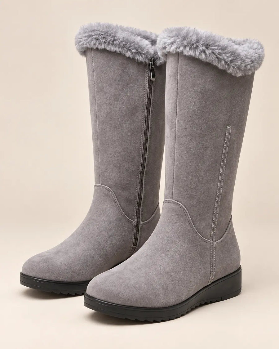 Bottes Fourrées Femme - Suédine Zippées Mi-Mollet Compensé Gris