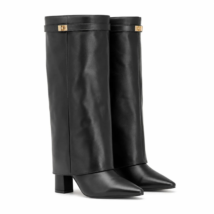Bottes haute en cuir noir femme - vue portée