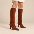 Bottes Hautes Femme - Tige Droite en Suédine Talon Fin - Cognac