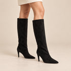 Bottes Hautes Femme - Tige Droite en Suédine Talon Fin - Noir