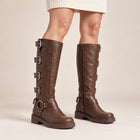 Bottes Hautes Femme - Motardes à Boucles Effet Cuir Talon Carré - Brun