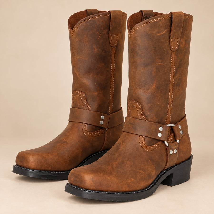 Bottes Motardes Femme - Mi-Mollet Effet Cuir Talon Carré - Cognac - vue non portée sur fond beige