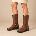 Bottes Motardes Femme - Mi-Mollet Effet Cuir Talon Carré - Cognac