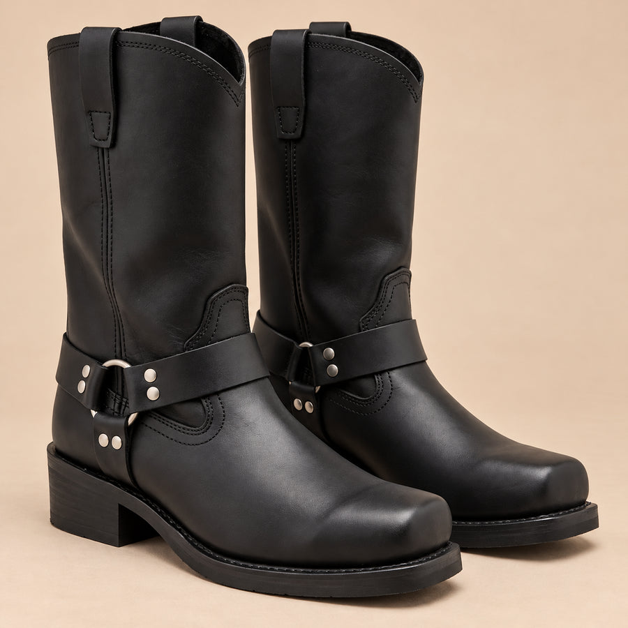 Bottes Motardes Femme - Mi-Mollet Effet Cuir Talon Carré - Noir - vue non portée sur fond beige
