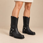 Bottes Motardes Femme - Mi-Mollet Effet Cuir Talon Carré - Noir