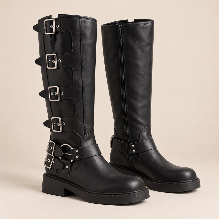 Bottes Hautes Femme - Motardes à Boucles Effet Cuir Talon Carré - Noir - bottes seules sur fond beige
