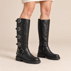 Bottes Hautes Femme - Motardes à Boucles Effet Cuir Talon Carré - Noir