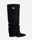 Bottes Hautes Femme - Slouchy en Suédine Talon Compensé - Noir