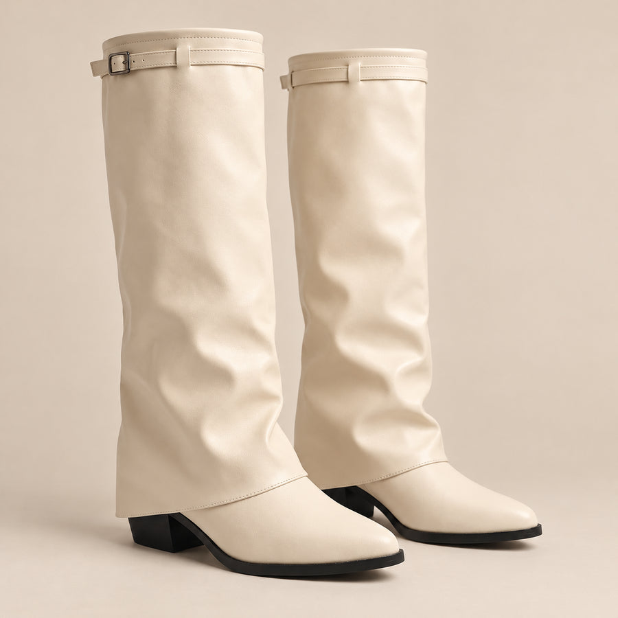 Bottes Hautes Femme - Revers à Boucle Effet Cuir Bout Pointu - Crème - bottes seules sur fond beige