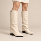 Bottes Hautes Femme - Revers à Boucle Effet Cuir Bout Pointu - Crème