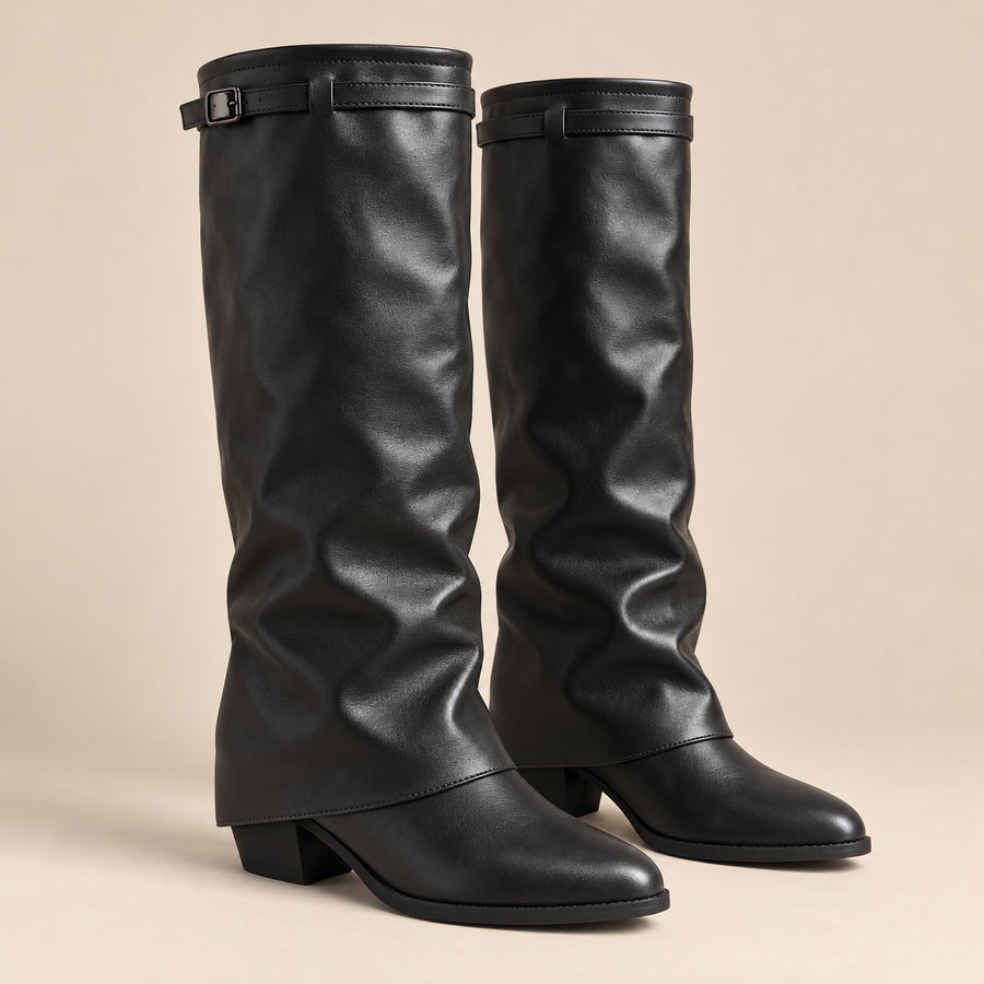 Bottes Hautes Femme - Revers à Boucle Effet Cuir Bout Pointu - Noir - bottes seules sur fond beige