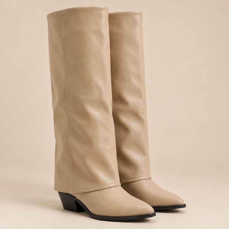 Bottes Hautes Femme - Revers en Simili Talon Cubain - Beige - vue non portée sur fond beige