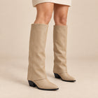 Bottes Hautes Femme - Revers en Simili Talon Cubain - Beige