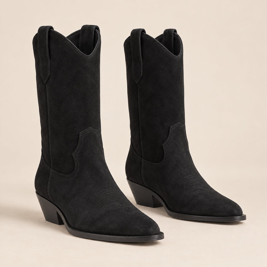 Bottes Mi-Mollet Femme - Santiags en Suédine Talon Oblique - Noir - bottes seules sur fond beige