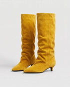 Bottes Souples Femme - Tige Large en Suédine Petit Talon - Moutarde