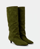 Bottes Souples Femme - Tige Large en Suédine Petit Talon - Vert Olive