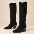 Bottes Hautes Femme - Western Brodées en Suédine Talon Bloc - Noir