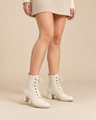 Bottines à Lacets Femme - Talon Carré Effet Cuir Mat - Blanc Cassé