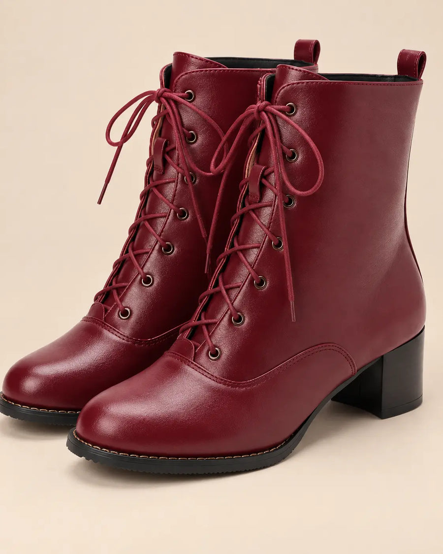 Bottines à Lacets Femme - Talon Carré Effet Cuir Mat Bordeaux