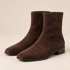 Bottines Femme - Bout Carré en Suédine Petit Talon Zip Intérieur - Chocolat