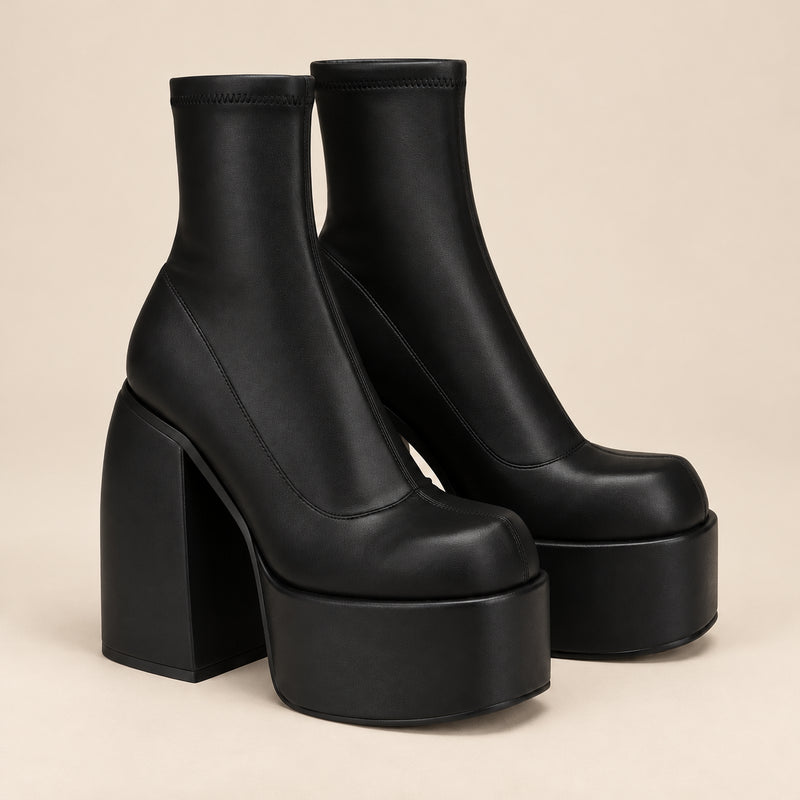 Bottines Chaussette Femme - Plateforme Massive Talon Bloc - Noir - vue non portée sur fond beige