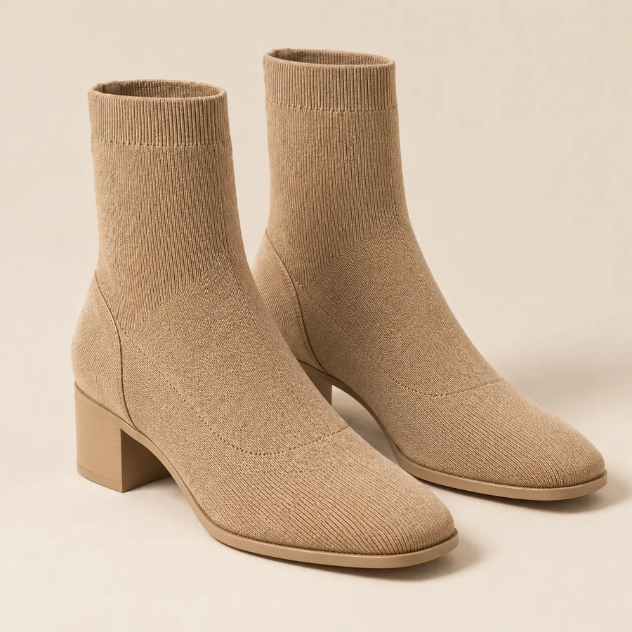 Bottines Chaussettes Femme - Maille Côtelée Talon Bloc Beige