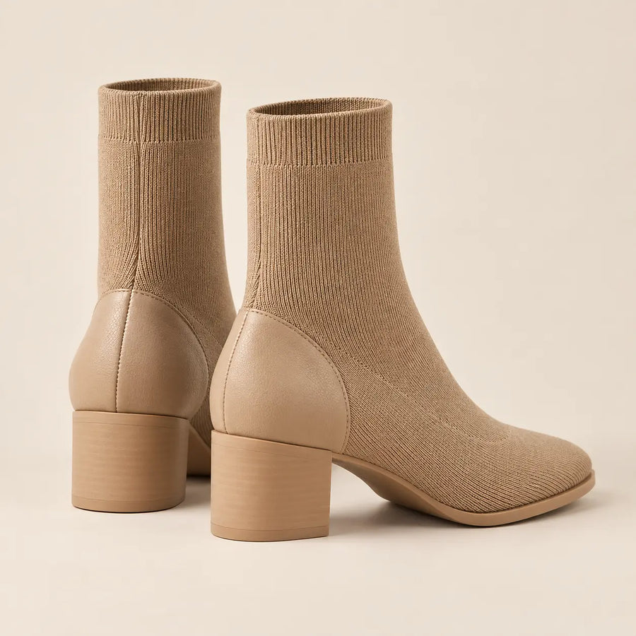 Bottines Chaussettes Femme - Maille Côtelée Talon Bloc Beige
