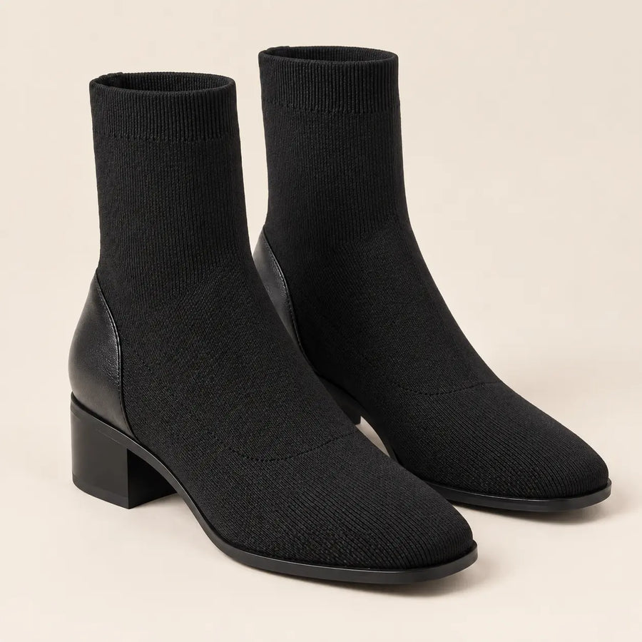 Bottines Chaussettes Femme - Maille Côtelée Talon Bloc Noir