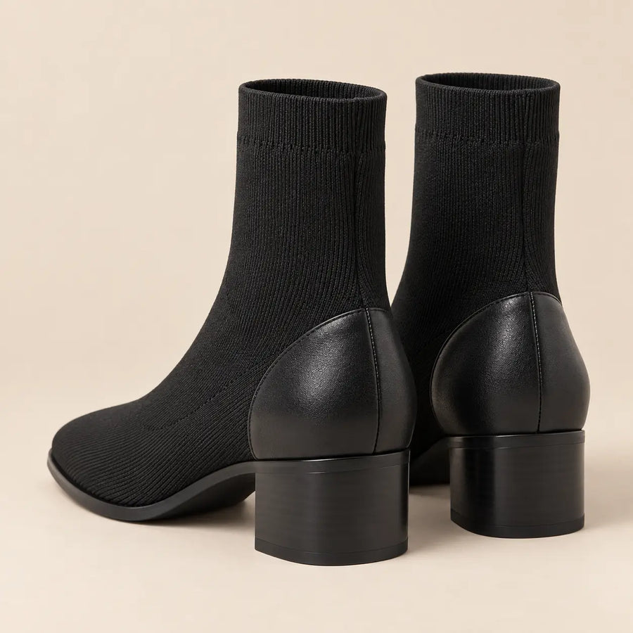 Bottines Chaussettes Femme - Maille Côtelée Talon Bloc Noir
