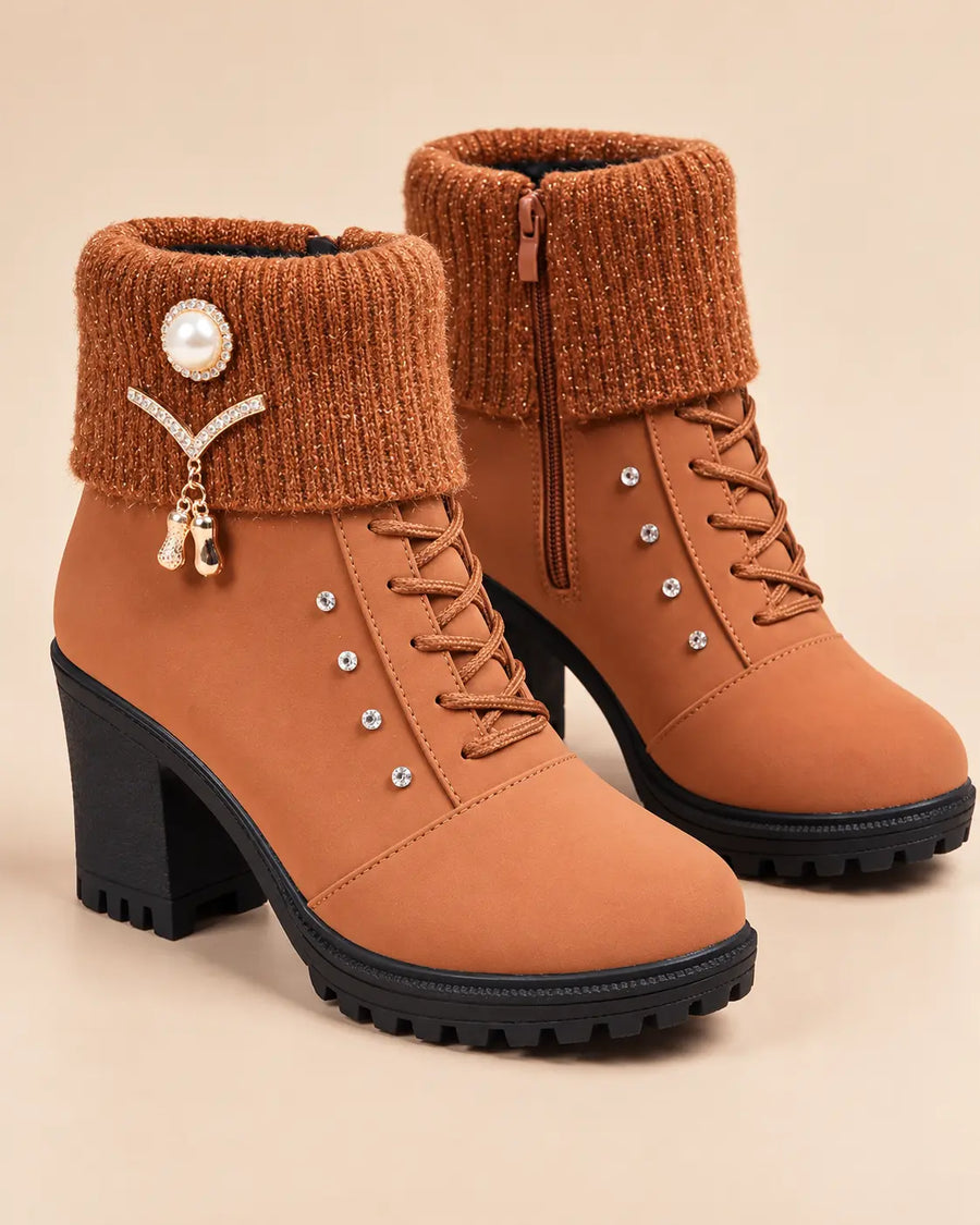 Bottines Fourrées Femme - Suédine Revers Maille Talon Carré Cognac