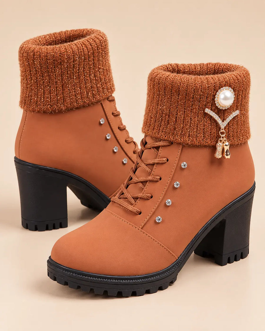 Bottines Fourrées Femme - Suédine Revers Maille Talon Carré Cognac