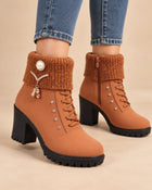 Bottines Fourrées Femme - Suédine Revers Maille Talon Carré - Cognac