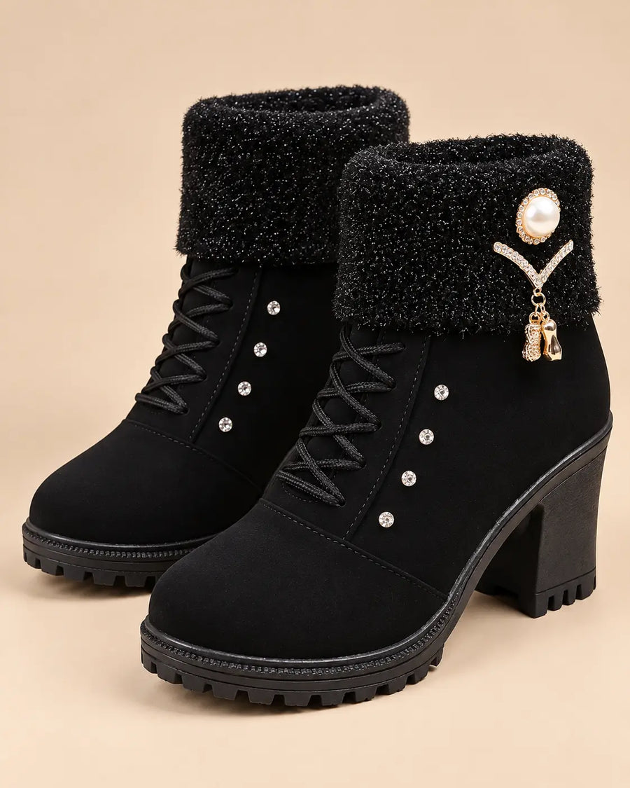 Bottines Fourrées Femme - Suédine Revers Maille Talon Carré Noir