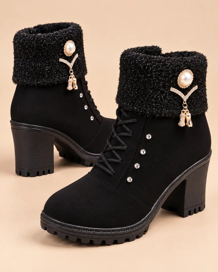 Bottines Fourrées Femme - Suédine Revers Maille Talon Carré Noir