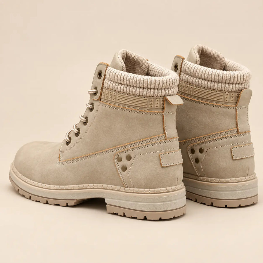 Bottines Worker Femme - Plates à Lacets Effet Cuir Beige