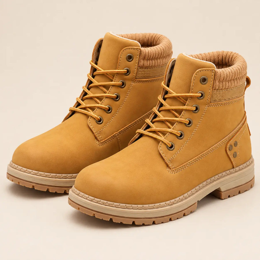 Bottines Worker Femme - Plates à Lacets Effet Cuir Camel