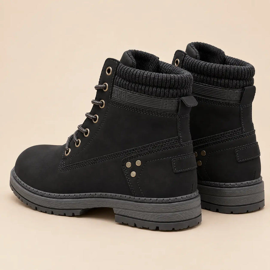 Bottines Worker Femme - Plates à Lacets Effet Cuir Noir