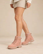 Bottines Worker Femme - Plates à Lacets Effet Cuir - Rose Poudré