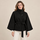 Manteau Cape Femme - Col Montant Ceinture à Nouer - Noir