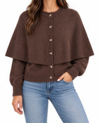 Cardigan Cape Femme - Manches Courtes Col Carré - Café